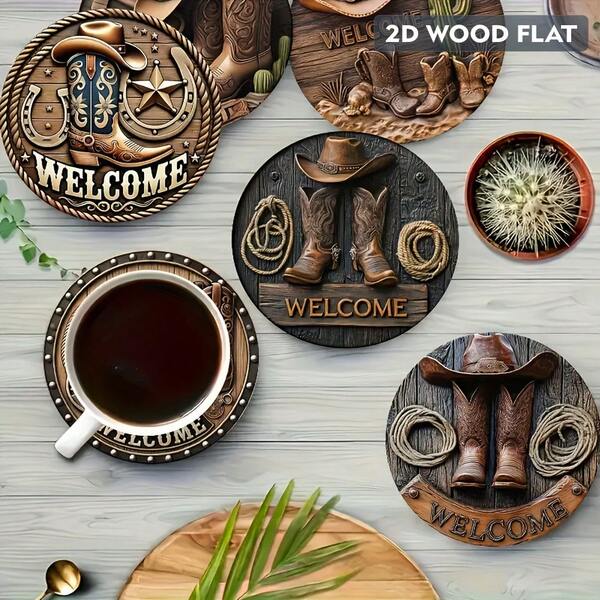 Set Of 6/12 Charming Western Cowboy Print Coasters - Stylish Wooden Synthetic Heat Resistant Non-Slip Drinking Mats For Home And Office Decoration, Perfect For Parties And Festivals, Home Decor, Living Room Decor, Kitchen Decor, Kitchen Accessories, Halloween Gifts, Halloween Decoration