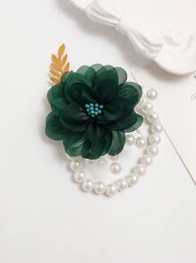 1pc Elegant Green Leaf Wrist Flower Bracelet, Korean Style Bridal Accessory, Bridesmaid Gift, Wedding Party Jewelry, Engagement Prop Valentine's Day Accessories - Dark Green - View 2