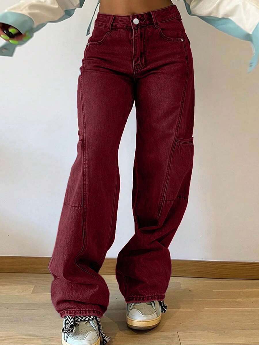 Women's Wide Leg Straight Leg Jeans, Non Stretch Front Button And Pocket Casual Loose Denim Pants - Red - View 1