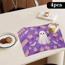 4/6pcs Halloween Ghost, Pumpkin, Bat Print Placemat Set, Woven Polyester Rectangle Tablecloths, Hand Wash Only, Kitchen & Home Decor, Indoor Outdoor Dining Decor - Multicolor - View 23