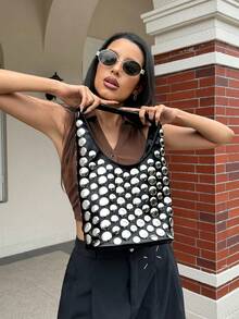 DareSee 1pc European & American Punk Style Handcrafted Double-Sided Fully Studded Round Rivet Embedded Niche Luxury Bucket Bag, Elegant Office Lady Underarm Shoulder Bag Music Fest Y2KFest Back To School Autumn , Bags Perfect For Fancy Party Matching With Costumes Winter Gifts Music Fest - Black - View 5
