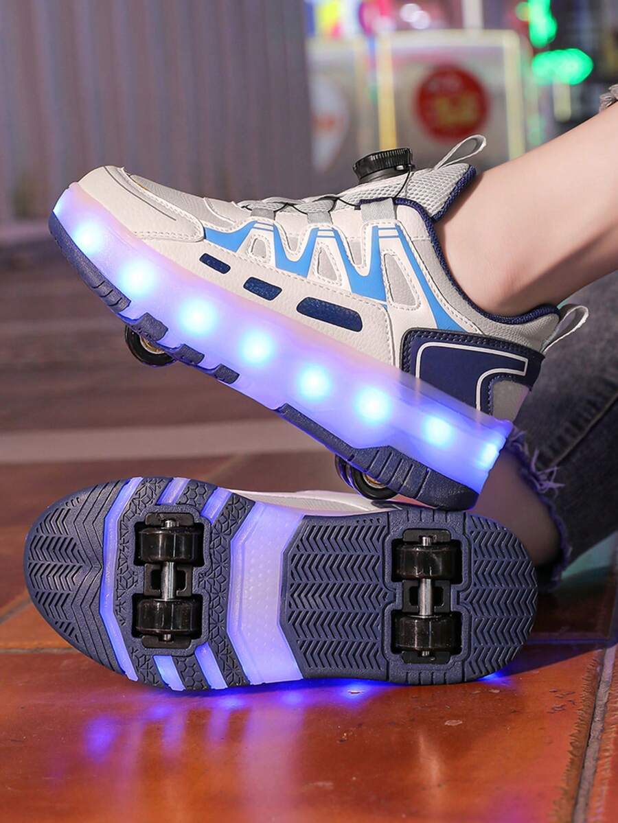 儿童四轮溜冰鞋，男童LED发光溜冰运动鞋，青少年双轮溜冰鞋，PU皮革透气轮式鞋，旋转扣，USB充电闪光灯，可拆卸轮子，二合一，适合男童滑冰