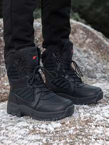 男士冬靴，超保暖户外防滑防风登山鞋，品牌原创时尚休闲男士雪地靴加大码男式户外工作靴防水厚底靴 - 黑色 - 查看 4