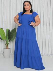 Vestido Plus Size Longo Com Babado No Hombro Tendencia - Azul Royal - Visão 2