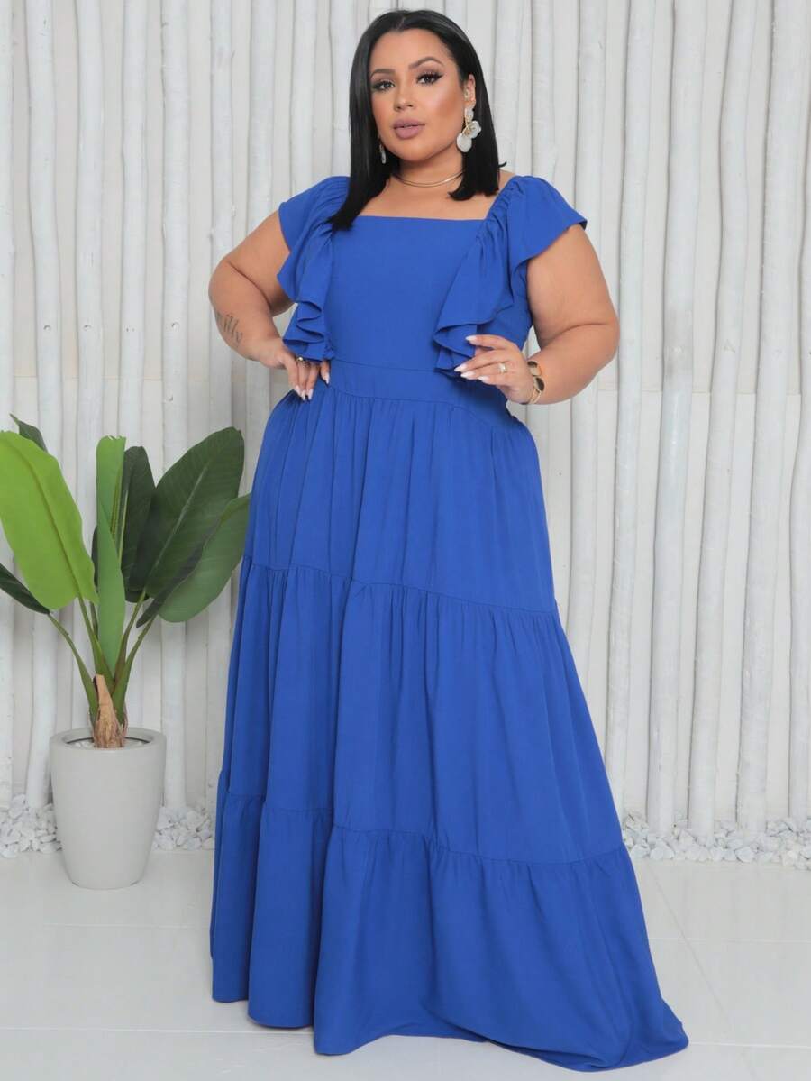 Vestido Plus Size Longo Com Babado No Hombro Tendencia