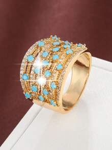 1pc Luxurious Wide Face Copper Ring With Cubic Zirconia For Women - Silver - View 14