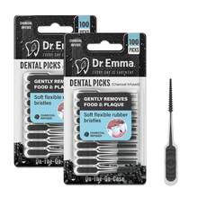 Dr. Emma 100Ct/Pack Dental Picks Charcoal Brush Picks 100Ct/Pack, Tooth Picks, Teeth Cleaning Tool - 黑與白 - 查看 9