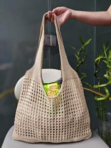 返校季，女士针织单肩包，复古镂空编织大容量花卉装饰购物手提包，女士钩针编织包，夏季沙滩手提包，沙滩包