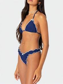 Alyweatry Women Y2K Bikinis Sets Coquette Aesthetic Bows Halter Tie Up Bikini Top High Cut Elastic Waist Bikini Bottom - 藏蓝色 - 查看 2