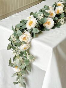 1 件人造桉树花环，带假玫瑰花藤，种子桉树叶绿叶花环，适用于婚礼桌旗背景派对中心装饰房间装饰 - 香檳色 - 查看 2