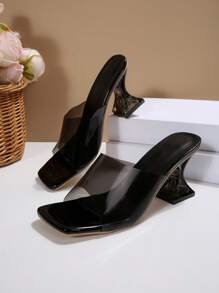 Wide Fit Women Summer New Clear High Heel Slippers, Fashion Asymmetric Heel Crystal Heel Sandals, Wide Fit Plus Size High Heels, Plus Size Sandals