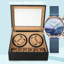 Caja enrolladora de relojes automática, caja superior para 4 + 6 relojes, caja premium para guardar relojes y otros artículos pequeños, negra, vintage - Negro - Ver 3