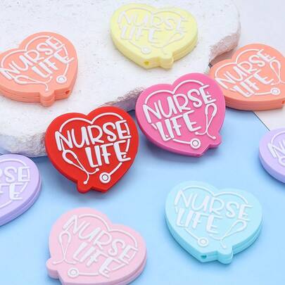 5pcs Nurse-Themed Silicone Heart Beads - Holiday Gift Making Heart Decorative Beads, DIY Bracelets, Necklaces, Keychains, Beaded Pens, Anti-Lost Chain Decorative Beads, Nurse-Themed Silicone Beads