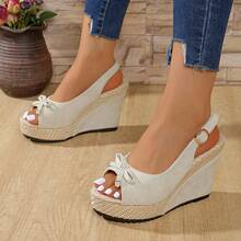 女士蝴蝶结装饰编织厚底凉鞋，时尚交叉绑带露趾踝带高跟凉鞋，防水厚底高跟女鞋，尺码 35-42（鞋码偏大半码） - 米色 - 查看 6