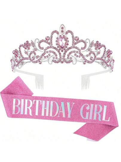 闪亮水钻水晶粉色皇冠头饰生日腰带和皇冠女士生日派对装饰套装闪光水晶发饰