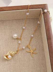 1pc Elegant Minimalist Faux Pearl Shell & Starfish Pendant Anklet, Suitable For Men And Women, Beautiful Holiday Gift