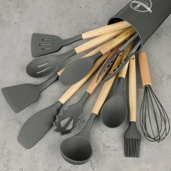 [12pcs Silicone Utensil Set] 12pcs Non-Stick Silicone Kitchen Utensil Set With Wooden Handles | Safe And Easy To Clean | Perfect For Cooking And Baking, Back To School And Dorm Essentials