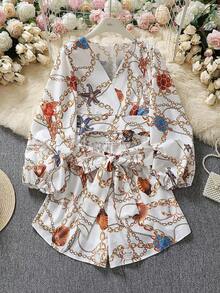 Fashionable Flower Random Print V-Neck Long Sleeve Jumpsuit - Apricot - View 3
