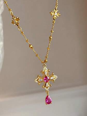 1pc Vintage-Style Red Gemstone Waterdrop Necklace, Gold & Silver Color Rhinestone Inlaid, Dainty Choker Necklace, Fashion Jewelry Gift For Women, Suitable For Daily, Holiday Party And Girlfriend