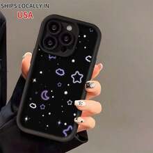 Funda para teléfono 1PC X/XS XSMAX 11 12 13 14 15 16 12MINI 13MINI 16E S22 S23 S24 S25 Luna púrpura y patrón retro Gota Funda para teléfono inteligente de silicona suave a prueba de golpes - Negro - Ver 4