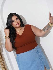 Bori Bore Plus Size Bodysuit Ruched Neck Casual Party Plus Premium Short Sleeve Comfortable Fit - Earth - View 3