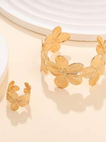 1 Set (1 Gold Bangle & 1 Thick Ring) European & American Retro Fashion Gold Floral Bangle And Thick Floral Ring Set, Long-Lasting Color, Suitable For Women's Daily Wear, Holidays, Social Events, Parties
