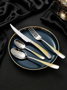 银器套装 - 4/16/24 件节日派对餐具套装 - 1/4/6 件餐具套装 - 带金色装饰的银色餐具套装 - 非常适合家庭聚会、婚礼、生日、招待会和活动餐桌服务用品和日常使用 - 勺子、刀子、茶匙、叉子 - 彩色 - 查看 7