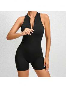 Women's Sleeveless Yoga Jumpsuit, Zipper Vest Exercise Clothing Set Women's Fashion Sports Coveralls - 黑色 - 查看 1