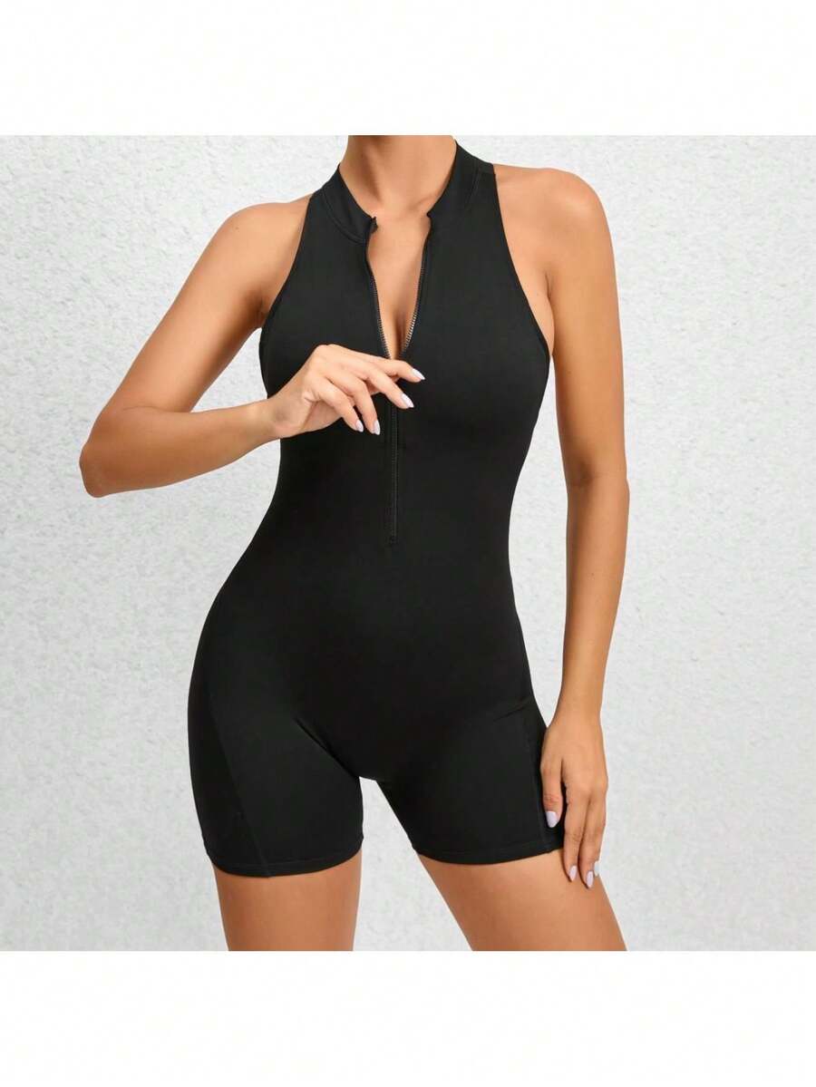 Women's Sleeveless Yoga Jumpsuit, Zipper Vest Exercise Clothing Set Women's Fashion Sports Coveralls - 黑色 - 查看 1