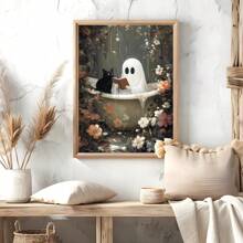 1 pezzo Fantasma nella vasca da bagno che legge con un gatto nero, opera d'arte murale per decorazione gotica da bagno, cartellone vintage senza cornice su tela per bagno/soggiorno/camera da letto gotica, regalo perfetto per Ognissanti e decorazione per feste (pittura gotica, pitture, stampe murali, stampe da parete, cartellone funky, ritorno a scuola, vacanze, spiaggia, laurea)