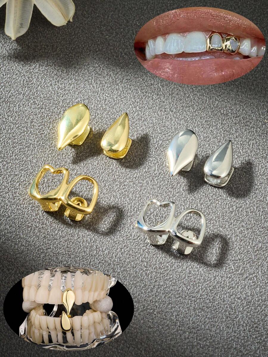CIZME 2件/套 18K镀金吸血鬼假牙，开口嘻哈牙套，男女通用，适合说唱歌手 - 牙飾 - 查看 1
