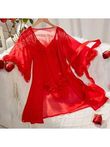 Women's Lingerie Set Mesh Layered Lace Ruffles Solid Sheer Babydoll Bodysuit Long Sleeve Outer Robe And Belt 3 Pcs Set - Red - View 6