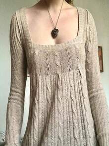 Womens Y2k Knit Sweater Square Neck Knitted Tops Balletcore Fairy Grunge Harajuku Preppy Solid Pullover Top Vintage Sweet Girl Long Sleeve Shirt Slim Sweater Spring Fall Casual Knitwear - 杏色 - 查看 3