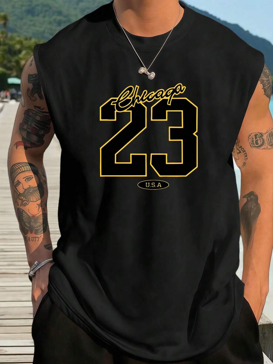 男士时尚无袖背心，休闲夏季轻质 T 恤，带有个性化字母和数字 23 印花图案，适合跑步、高尔夫、钓鱼、篮球、露营、健身、游泳和海滩运动，适合作为送给丈夫或男朋友的礼物 - 黑色 - 查看 1