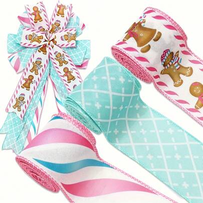 3 rolki 2,5-calowej wstążki z motywem piernika w kolorze różowo-niebieskim, z drucianym brzegiem, do tworzenia kokard wiankowych, DIY, artykuły do pakowania, wystrój domu, dekoracje świąteczne, wystrój pokoju, zima