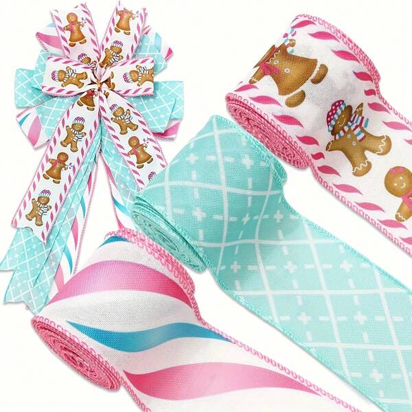 3 Rolls 2.5inch Christmas Wired Edge Pink Blue Plaid Stripe Gingerbread Fabric Craft Ribbon For Wreath Bow Making DIY Wrapping Supplies Home Decor Christmas Decorations Room Decor Winter