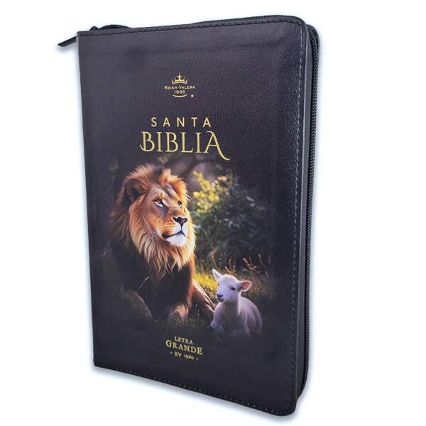 Biblia Con Cierre Letra Grande 12 Puntos RV1960 Imit Piel Cordero Y Leon Negro Con Indice