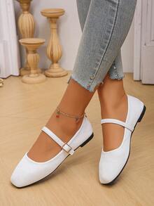 2025 Autumn Plus Size EU35-43 Fashion White Square Toe Flat Shoes For Women, Casual Slip-On Flats With Strap, Suitable For Dresses, Pattern Is Random,Ballet Flats, Mary Janes