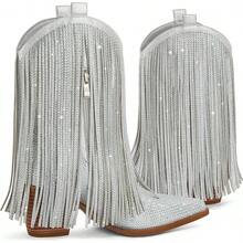 Women's Cowboy Boots, Western Cowboy Boots, Pointed Toe, Chunky Heel, Slip-On Wide Boots, Sparkling Tassel Decoration - Bạc - Xem 7
