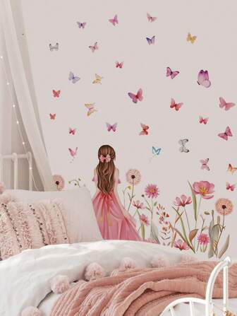 mama look 1 pieza/2 piezas Hermosa silueta de niña con mariposa rosa, adhesivo de pared floral, decoración para sala de estar, dormitorio, estudio, comedor, pintura mural extraíble de PVC para decoración del hogar, baño, alfombra de baño, alfombra de piso, decoración de otoño, accesorios de baño