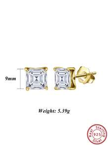 1pair Graceful 925 Sterling Silver Stud Earrings With Dazzling Square-Cut Zirconia, Accessory For Ear Elegant And Refined Jewelry For Every Fashion-Forward Woman, The Perfect Gift For Birthdays Or Anniversaries