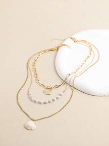 1pc 3-Layer Gold Shell & Pearl Pendant Necklace - Layered Necklace - View 7