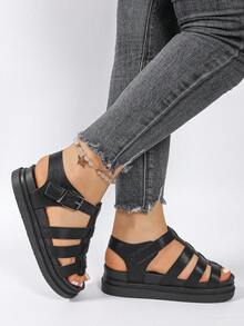 Women's Solid Color Platform Thick Bottom Sandals, Casual Buckle Summer Sandals, Comfortable Open Toe Sandals, Women's Flat Roman Sandals, Solid Color Open Toe Criss-Cross Strap Sandals, Women's Flat Sandals, New Thick Bottom Black Roman Style Sandals, Platform Versatile Fashion Sandals For Summer Casual Beach - Black - View 4