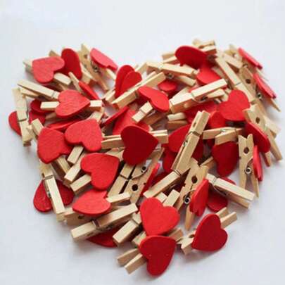 40pcs Red Heart Shaped Wood Clothing/Photo Clips, Mini Clothespins For Home, Wedding Decoration, Stationery