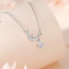 1 Piece Of Fashionable S925 Sterling Silver Star Moon Necklace For Women Niche Light Luxury Moon Clavicle Chain Versatile Star Zirconia Foot Silver Jewelry