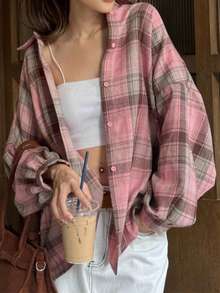 Plaid Button Front Casual Long Sleeve Loose Shirt, Suitable For Autumn Daily Wear
