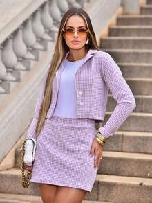 Blazer Set With Button And Shorts Plaid Skirt Winter Fashion Mocha Mousse Earth Tones S M L XL Boho Chic Ref: Monaliza - 紫色棋子 - 查看 3