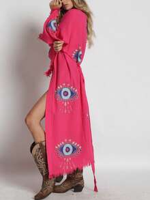 Cotton Gauze Print Kimono - 紫紅色 - 查看 1