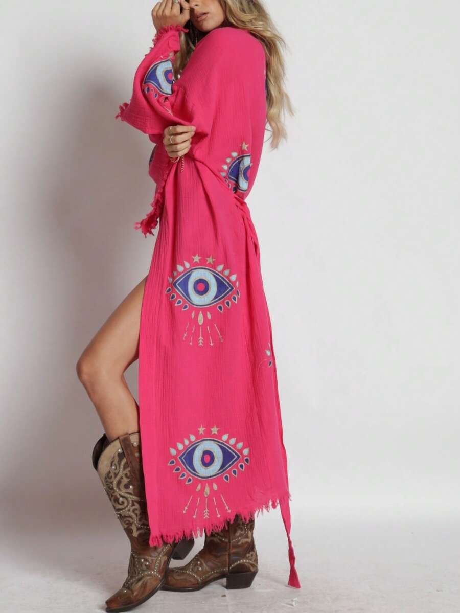 Cotton Gauze Print Kimono - 紫紅色 - 查看 1