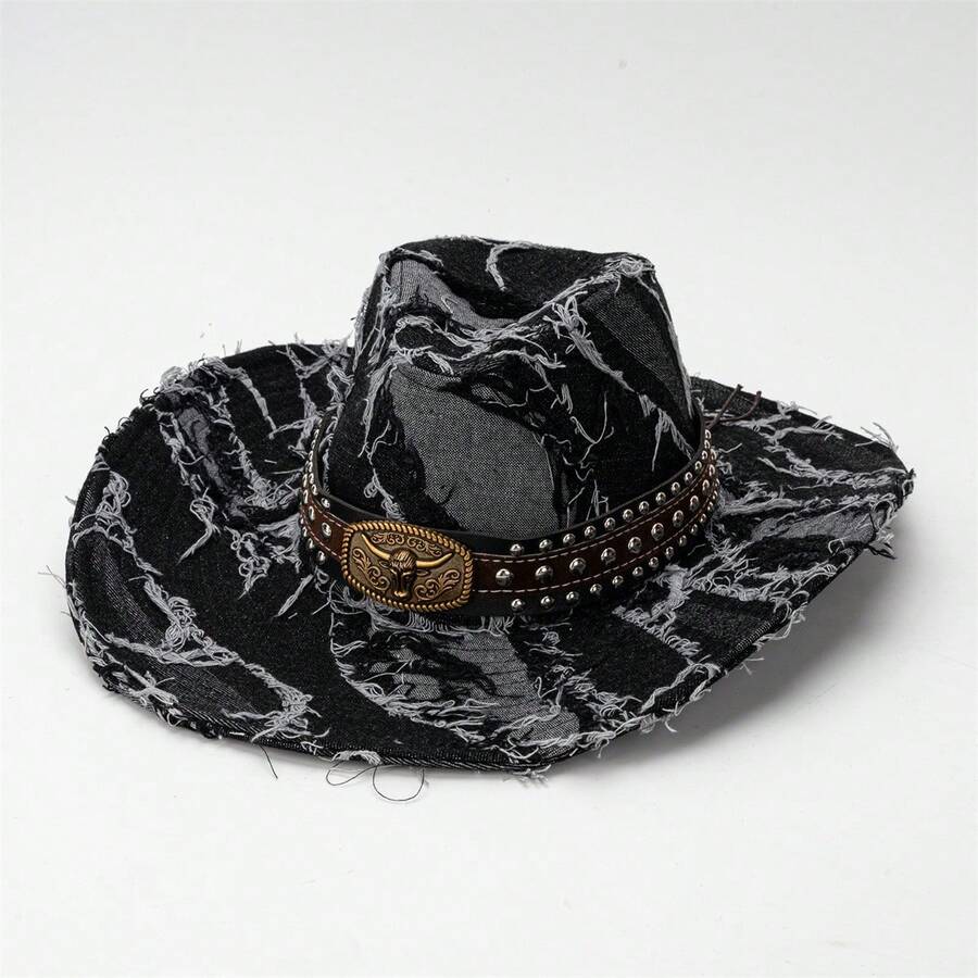 Denim Cowgirl Hat For Women Men Bull Head Belt Distressed Wide Brim Western Cap For Mardi Gras Party - 黑色 - 查看 1
